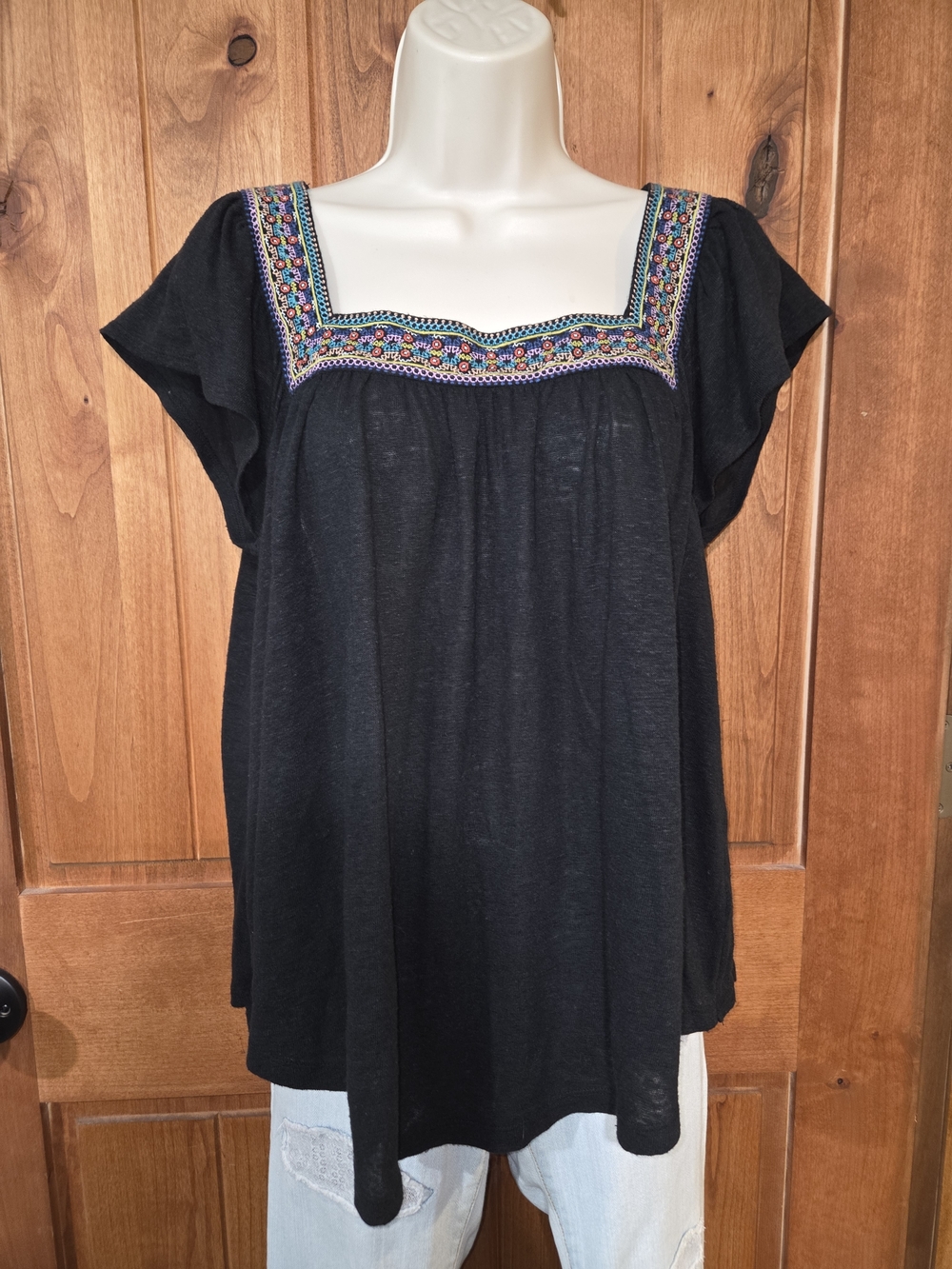 Merona Black Square-Neck Embroidered Flutter Sleeve‎ Top